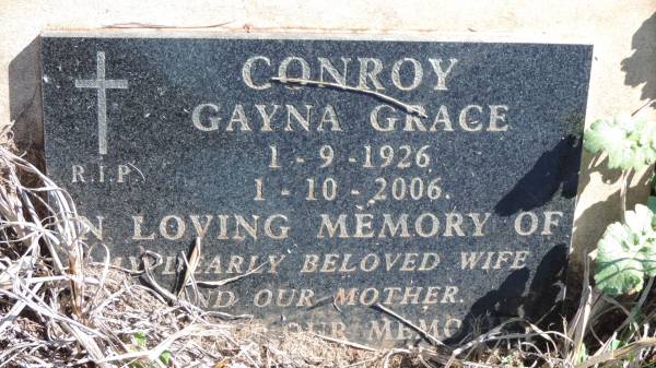 Gayna Grace CONROY  | b: 1 Sep 1926  | d: 1 Oct 2006  |   | Aubigny Catholic Cemetery, Jondaryan  |   | 