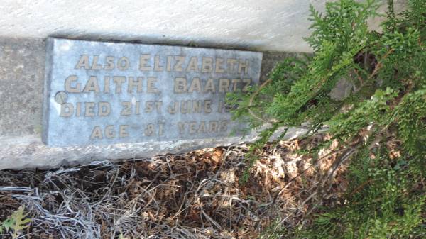 August Carl BAARTZ  | b: 6 Mar 1844, Deutsch Krone, West Prussia, Germany  | d: 25 Sep 1910 aged 66  |   | Elizabeth Gaithe BAARTZ  | d 21 Jun 1932 aged 81  |   | Aubigny St Johns Lutheran cemetery, Toowoomba Region  |   | 