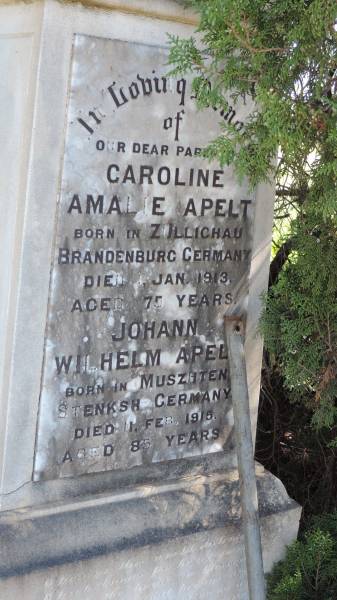 Caroline Amalie APELT  | b: Zollichau, Brandenburg, Germany  | d: 1 Jan 1913 aged 75  |   | Johann Wilhelm APELT  | b: Muszhten, Stenksh, Germany  | d: 11 Feb 1915 aged 85  |   | Aubigny St Johns Lutheran cemetery, Toowoomba Region  |   | 