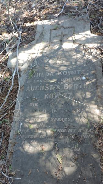 Hilda KOWITZ  | d: 24 Dec 1920 aged 15  | daughter of August and Bertha KOWITZ  |   | Aubigny St Johns Lutheran cemetery, Toowoomba Region  |   | 