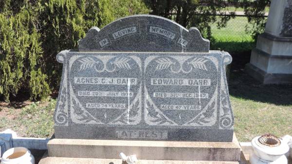 Agnes C J DARR  | d: 20 Jul 1974 aged 74  |   | Edward DARR  | d: 31 Dec 1947 aged 47  |   | Aubigny St Johns Lutheran cemetery, Toowoomba Region  |   | 