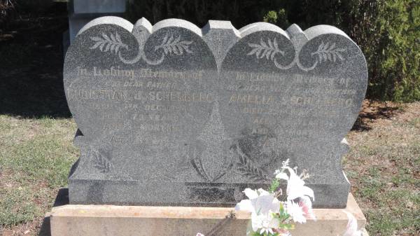 Christian J SCHELBERG  | d: 13 Dec 1954 aged 73 years, 3 Mo  |   | Amelia S SCHELBERG  | d: 25 May 1943 aged 56 years, 10 mo  |   | Aubigny St Johns Lutheran cemetery, Toowoomba Region  |   | 