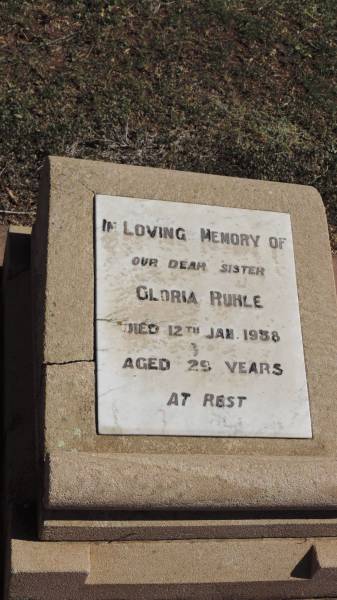 Gloria RUHLE  | d: 12 Jan 1958 aged 29  |   | Aubigny St Johns Lutheran cemetery, Toowoomba Region  |   | 
