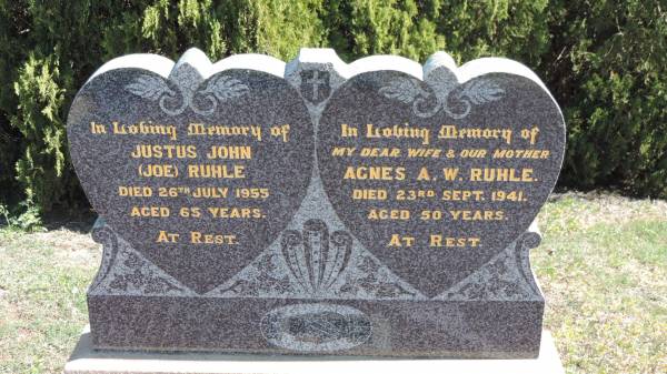 Justus John RUHLE (Joe)  | d: 26 Jul 1955 aged 65  |   | wife  | Agnes A.W. RUHLE  | d: 23 Sep 1941 aged 50  |   | Aubigny St Johns Lutheran cemetery, Toowoomba Region  |   | 
