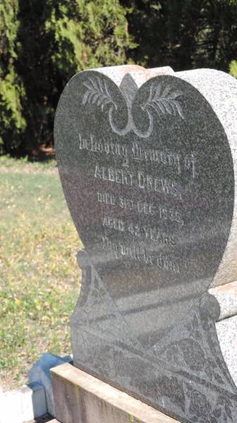 Auguste DREWS  | d: 8 Oct 1938 aged 84  |   | Carl DREWS  | d: 9 Sep 1939 aged 95  |   | Lillie DREWS  | d: 10 Jan 1935 aged 47  |   | Albert DREWS  | d: 31 Dec 1935 aged 42  |   | Aubigny St Johns Lutheran cemetery, Toowoomba Region  | 