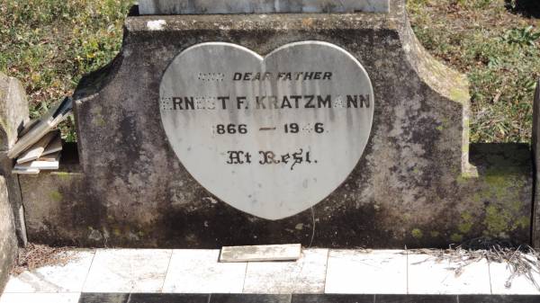 Ernest F KRATZMANN  | b: 1866  | d: 1946  |   | Catherina KRATZMANN  | b: 1865  | d: 1934  |   | Aubigny St Johns Lutheran cemetery, Toowoomba Region  |   | 