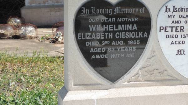 Wilhelmina Elizabeth CIESIOLKA  | d: 3 Aug 1955 aged 83  |   | husband  | Peter CIESIOLKA  | d: 13 Jul 1934 aged 68  |   | Aubigny St Johns Lutheran cemetery, Toowoomba Region  |   | 