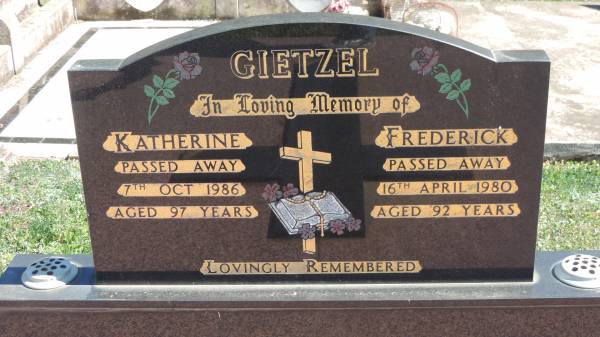 Frederick GIETZEL  | d: 16 Apr 1980 aged 92  |   | Katherine GIETZEL  | d: 7 Oct 1986 aged 97  |   | Aubigny St Johns Lutheran cemetery, Toowoomba Region  |   |   | 