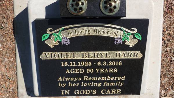 Violet Beryl DARR  | b: 18 Nov 1925  | d: 6 Mar 2016 aged 90  |   | Aubigny St Johns Lutheran cemetery, Toowoomba Region  |   | 
