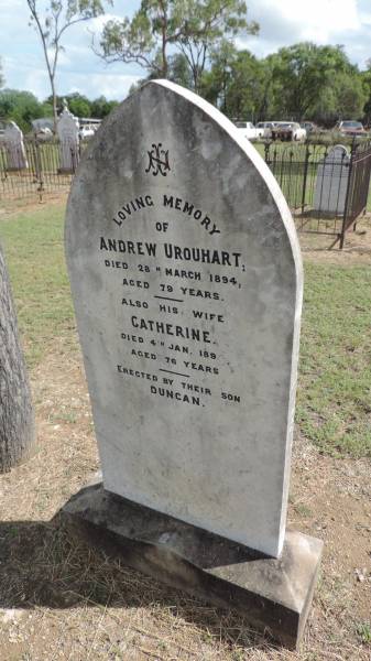 Andrew URQUHART  | d: 28 Mar 1894 aged 79  |   | and wife  | Catherine URQUHART  | 4 Jan 1894 aged 76  |   | erected by son Duncan URQUHART  |   | Banana Cemetery, Banana Shire  |   | 