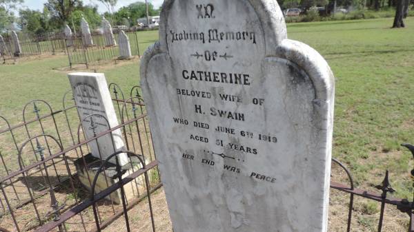 Catherine SWAIN  | d: 6 Jun 1919 aged 51  |   | wife of Henry SWAIN  |   | Banana Cemetery, Banana Shire  |   | 