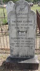 
Thomas CLARKE
d: 12 Nov 1890 aged 56

and wife
Elizabeth CLARKE
d: 14 Jul 1894 aged 59

Banana Cemetery, Banana Shire

