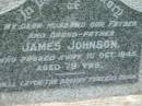 
James JOHNSON,
husband father grandfather,
died 1 Oct 1945 aged 79 years;
Barney View Uniting cemetery, Beaudesert Shire
