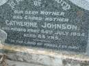 
Catherine JOHNSON,
mother grandmother,
died 24 July 1954 aged 84 years;
Barney View Uniting cemetery, Beaudesert Shire
