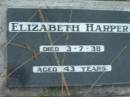 
Elizabeth HARPER,
died 3-7-38 aged 43 years;
Barney View Uniting cemetery, Beaudesert Shire
