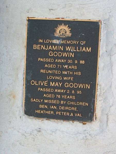 Jane GODWIN,  | died 27-4-1934 aged 47;  | Benjamin GODWIN,  | died 28-11-1967 aged 87;  | Benjamin William GODWIN,  | died 30-9-88 aged 71 years;  | Olive May GODWIN,  | died 2-8-95 aged 76 years;  | missed by children Ben, Ian, Deirdre,  | Heather, Peter & Val;  | Lyndsay GODWIN,  | born 5-8-1930 died 3-7-1995;  | Barney View Uniting cemetery, Beaudesert Shire  | 