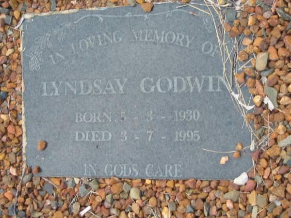 Jane GODWIN,  | died 27-4-1934 aged 47;  | Benjamin GODWIN,  | died 28-11-1967 aged 87;  | Benjamin William GODWIN,  | died 30-9-88 aged 71 years;  | Olive May GODWIN,  | died 2-8-95 aged 76 years;  | missed by children Ben, Ian, Deirdre,  | Heather, Peter & Val;  | Lyndsay GODWIN,  | born 5-8-1930 died 3-7-1995;  | Barney View Uniting cemetery, Beaudesert Shire  | 