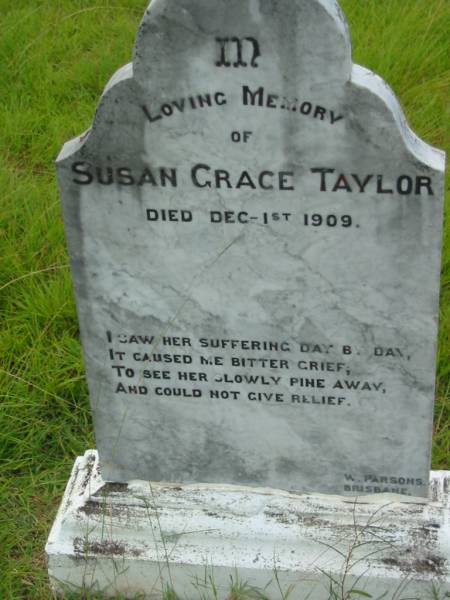 Susan Grace TAYLOR,  | died 1 Dec 1909;  | Barney View Uniting cemetery, Beaudesert Shire  | 