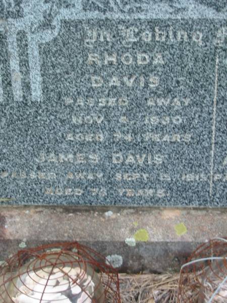 Rhoda DAVIS,  | died 4 Nov 1930 aged 74 years;  | James DAVIS,  | died 15 Sept 1915 aged 73 years;  | Alfred James DAVIS,  | died 18 April 1912 aged 22 years;  | Arthur Mark DAVIS,  | died 21 Nov 1957 aged 61 years;  | Barney View Uniting cemetery, Beaudesert Shire  | 