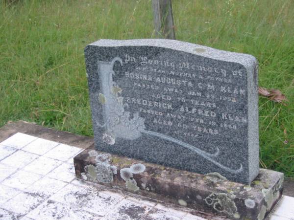 Rosina Augusta C.M. KLAN, mother,  | died 29 Jan 1953 aged 70 years;  | Frederick Alfred KLAN, father,  | died 19 Feb 1958 aged 80 years;  | Barney View Uniting cemetery, Beaudesert Shire  | 