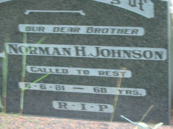 Norman H. JOHNSON,  | died 8-6-81 aged 68 years;  | Barney View Uniting cemetery, Beaudesert Shire  | 