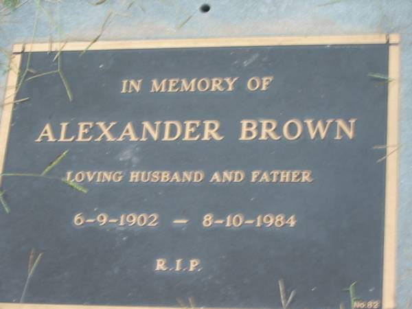 Alexander BROWN,  | husband father,  | 6-9-1902 - 8-10-1984;  | Barney View Uniting cemetery, Beaudesert Shire  | 