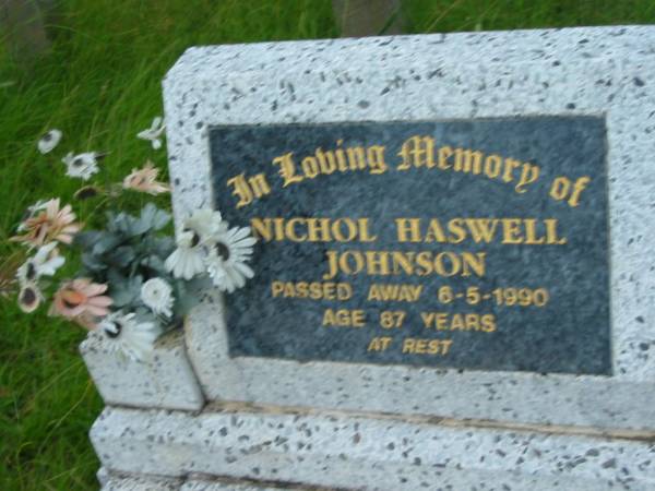 Nichol Haswell (Mick) JOHNSON,  | died 6-5-1990 aged 87 years;  | Barney View Uniting cemetery, Beaudesert Shire  | 