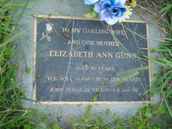 Elizabeth Ann GUNN, wife mother,  | aged 36 years,  | remembered John, Douglas, Victoria & Sarah;  | Barney View Uniting cemetery, Beaudesert Shire  | 