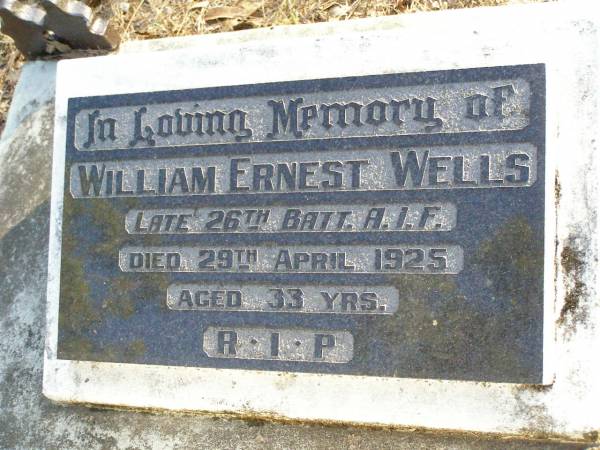 William Ernest WELLS,  | died 29 April 1925 aged 33 years;  | Lucy Emily WELLS, nee Dance, ashes,  | died 28 May 2001 aged 1904 years;  | Beerburrum Cemetery, Caloundra  | 