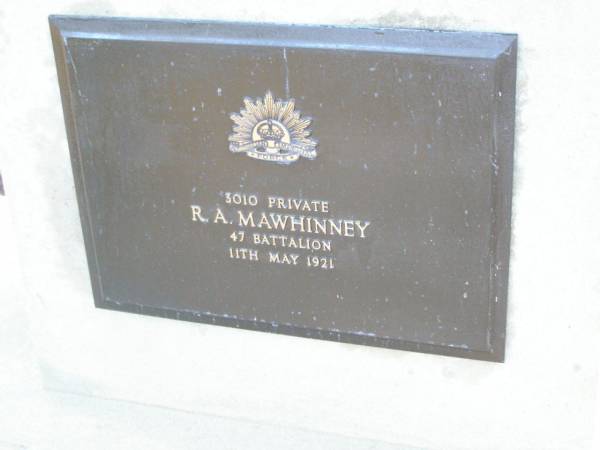 R.A. MAWHINNEY,  | died 11 May 1921;  | Beerburrum Cemetery, Caloundra  | 