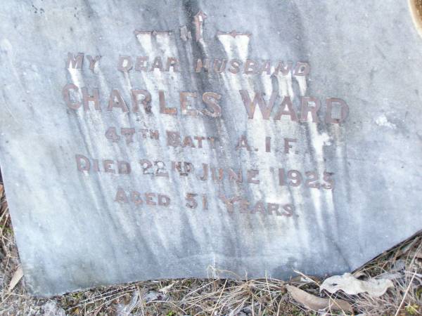 Charles WARD, husband,  | died 22 June 1925 aged 51 years;  | Beerburrum Cemetery, Caloundra  | 
