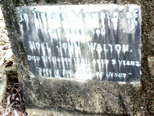 Noel John WALTON, son,  | died 5 March 1951 aged 9 years;  | Beerwah Cemetery, City of Caloundra  | 