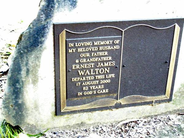 Ernest James WALTON,  | husband father grandfather,  | died 17 Aug 2000 aged 82 years;  | Beerwah Cemetery, City of Caloundra  | 