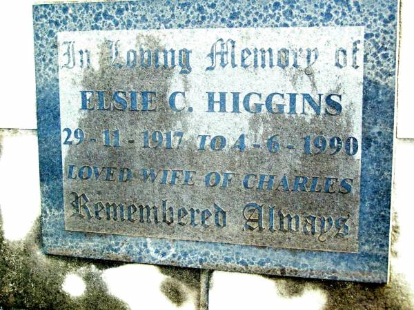 Elsie C. HIGGINS,  | 29-11-1917 - 4-6-1990,  | wife of Charkes;  | Beerwah Cemetery, City of Caloundra  | 