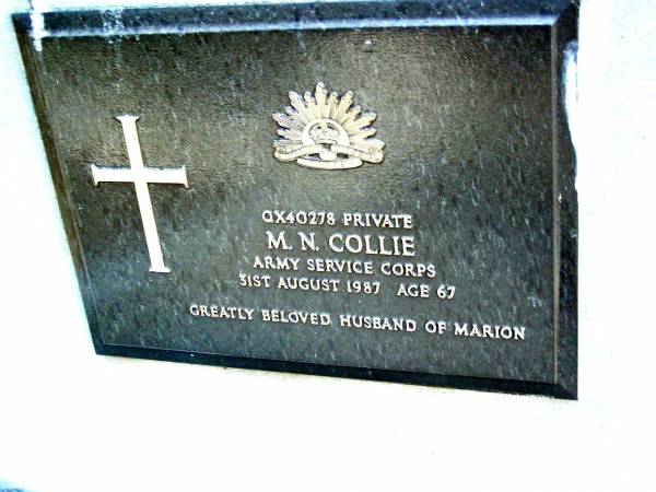 M.N. COLLIE,  | died 31 Aug 1987 aged 67 years,  | husband of Marion;  | Beerwah Cemetery, City of Caloundra  | 
