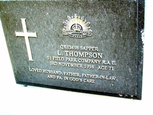 L. THOMPSON,  | died 3 Nov 1998 aged 71 years,  | husband father father-in-law pa;  | Beerwah Cemetery, City of Caloundra  | 