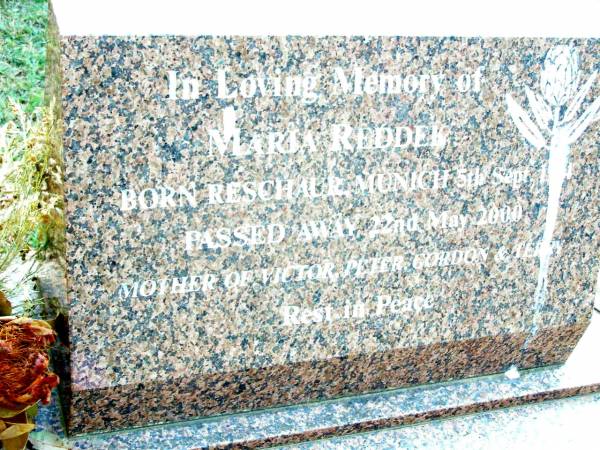 Maria REDDEK,  | born Reschaur Munich 5 Sept 19?4,  | died 22 May 2000,  | mother of Victor, Peter, Gordon & Terry;  | Beerwah Cemetery, City of Caloundra  | 