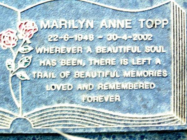 Marilyn Anne TOPP,  | 22-6-1948 - 30-4-2002;  | Ami DOWLING,  | stillborn 2-2-1989,  | with her nanny;  | Beerwah Cemetery, City of Caloundra  | 