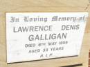 
Lawrence Denis GALLIGAN,
died 6 May 1959 aged 33 years;
Bell cemetery, Wambo Shire
