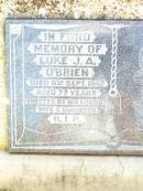 
Luke J.A. OBRIEN,
died 5 Sept 1947 aged 77 years,
erected by wife & daughter;
Bell cemetery, Wambo Shire
