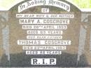 Mary A. COSGROVE, wife mother, died 20 April 1953 aged 63 years; Thomas COSGROVE, father, died 23 April 1963 aged 88 years; Bell cemetery, Wambo Shire 