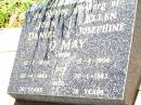 John Daniel O'MAY, born 12-2-1904, died 30-4-1983 aged 79 years; Ellen Josephine O'MAY, born 12-4-1906, died 30-1-1983 aged 76 years; Bell cemetery, Wambo Shire 