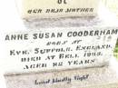 
Anne Susan GOODERHAM,
mother,
born Eyk Suffolk England,
died Bell 1933 aged 82 years;
Bell cemetery, Wambo Shire
