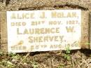 Alice J. NOLAN, died 21 Nov 1927; Laurence W. SHERVEY, died 25 Aug 1940; Bell cemetery, Wambo Shire 