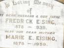 Fredrick EISING, husband father, 1878 - 1939; Marie E. EISING, mother, 1878 - 1959; Bell cemetery, Wambo Shire 