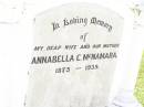
Annabella C. MCNAMARA,
wife mother,
1875 - 1939;
Bell cemetery, Wambo Shire

