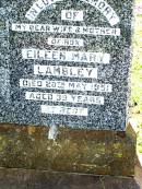 
Eileen Mary LAMBLEY,
wife, mother of Ron,
died 20 May 1951 aged 39 years;
Bell cemetery, Wambo Shire
