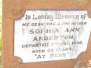 Sophia Ann ANDERTON, wife mother, died 7 Nov 1936 aged 58 years; Bell cemetery, Wambo Shire 