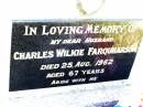 Charles Wilkie FARQUHARSON, husband, died 25 Aug 1962 aged 67 years; Bell cemetery, Wambo Shire 
