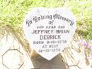 
Jeffrey Brian DERRICK,
son,
born 3-10-1978,
died 12-12-1978;
Bell cemetery, Wambo Shire
